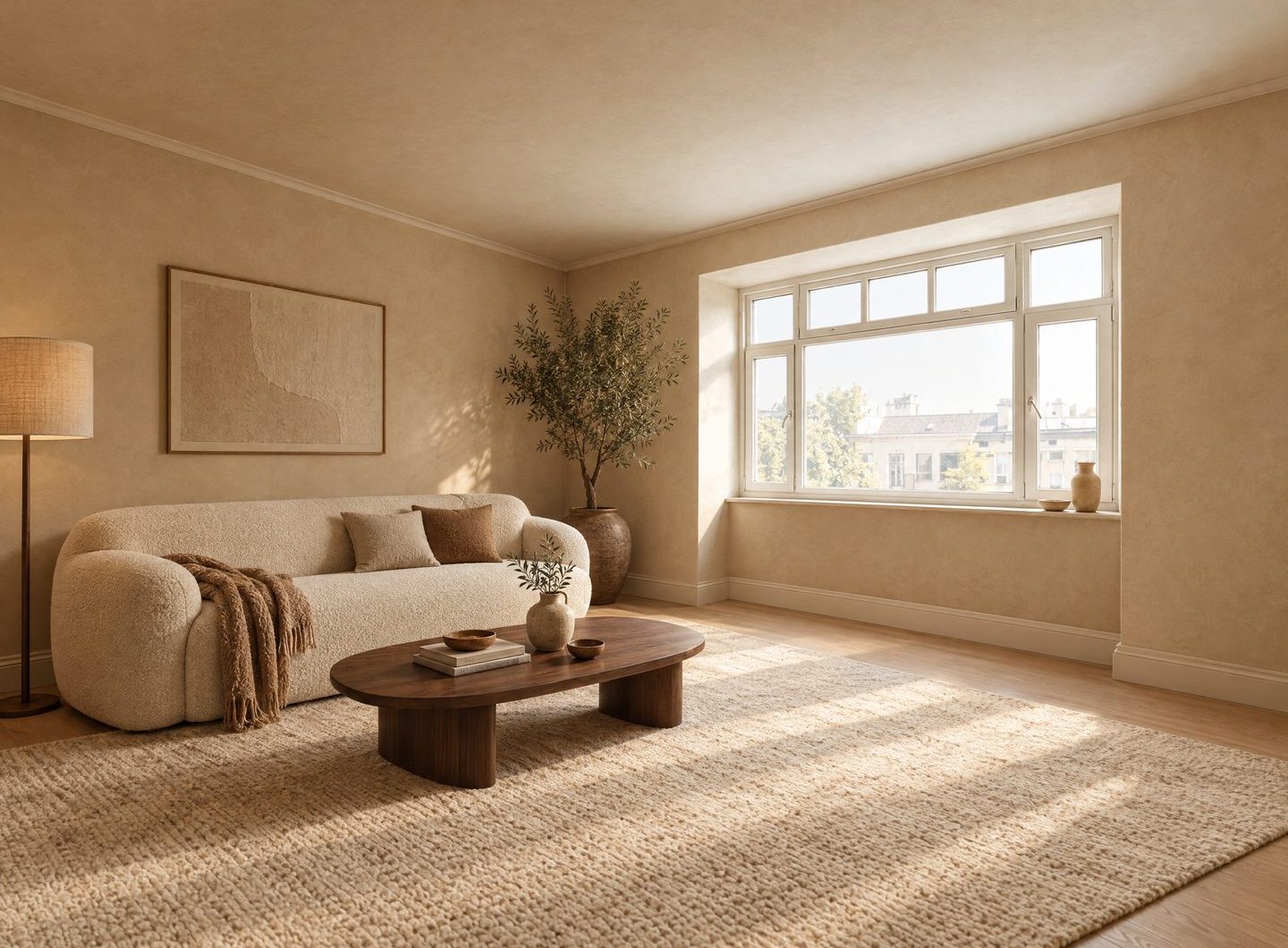 The same room redesigned with a cream boucle sofa, walnut table and warm plaster walls